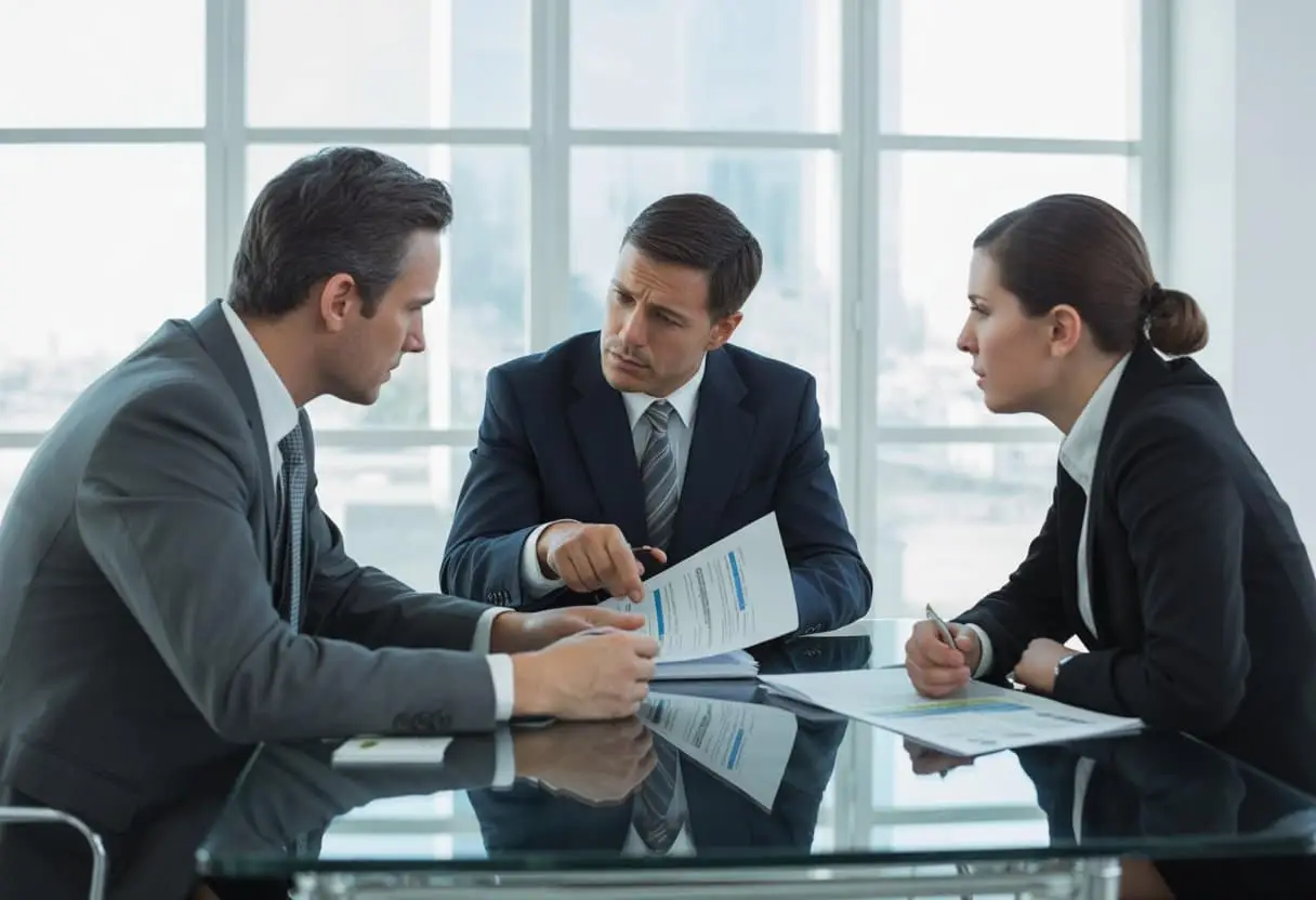 Wanneer ben je medeplichtig? Wet en Praktijk uitgelegd 1 Drie professionals in een kantoorruimte hebben een serieus gesprek rond een tafel met documenten.