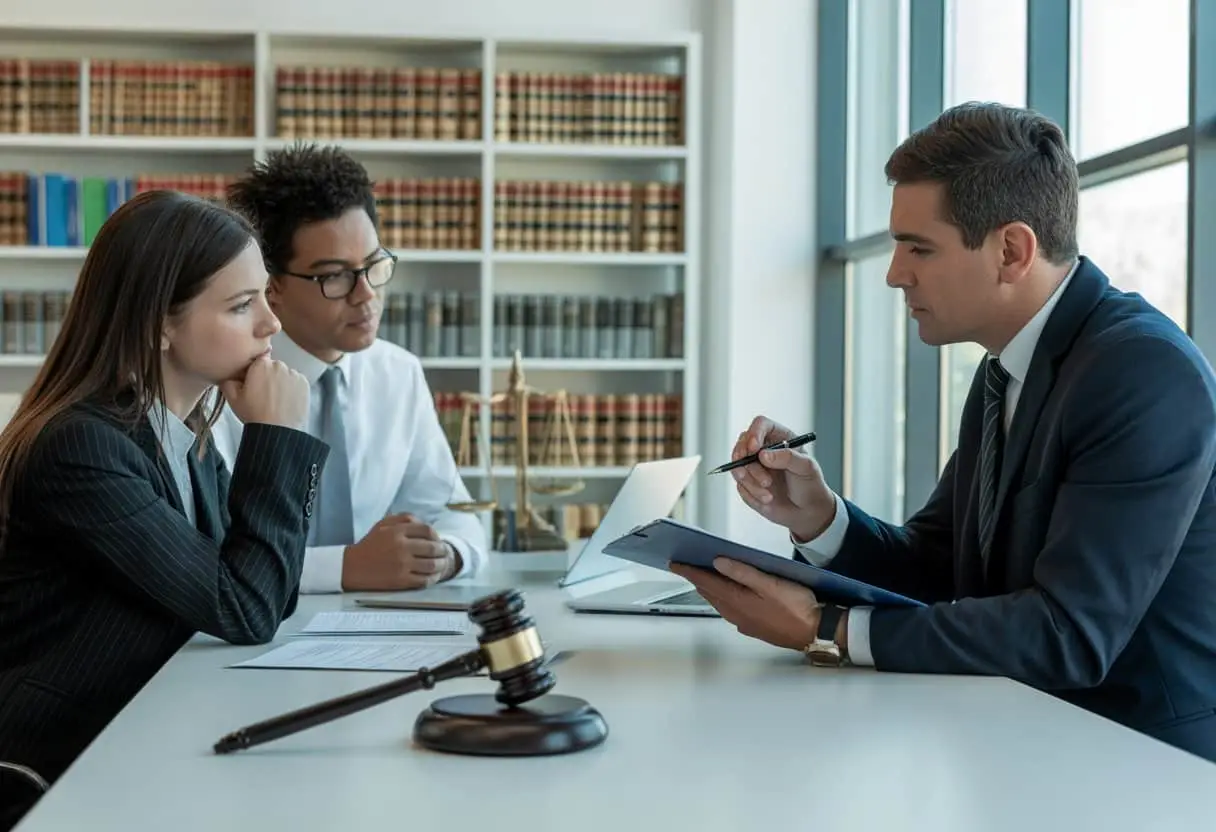Wanneer ben je medeplichtig? Wet en Praktijk uitgelegd 2 Drie mensen in een kantoor voeren een serieus gesprek over juridische zaken.
