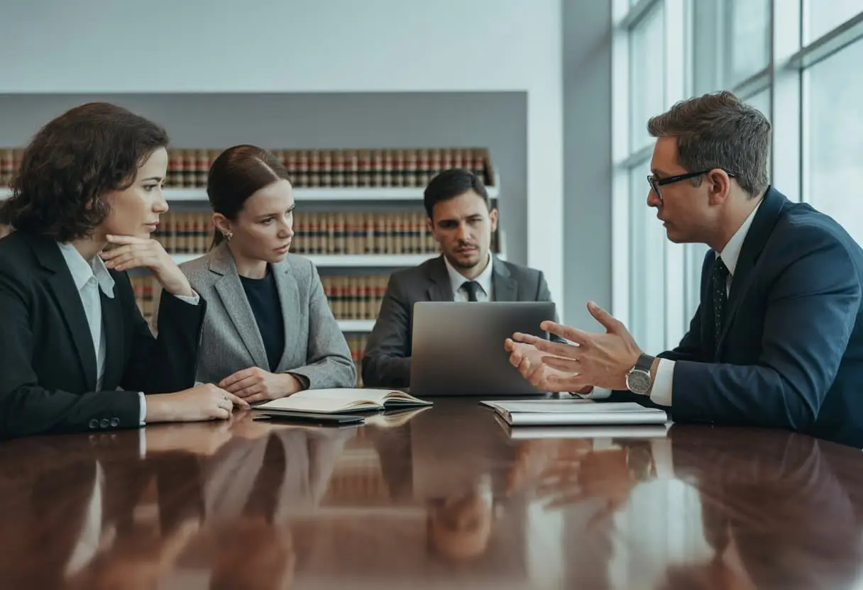 Wanneer ben je medeplichtig? Wet en Praktijk uitgelegd 3 Een advocaat bespreekt een juridische zaak met twee cliënten aan een tafel in een kantoor.
