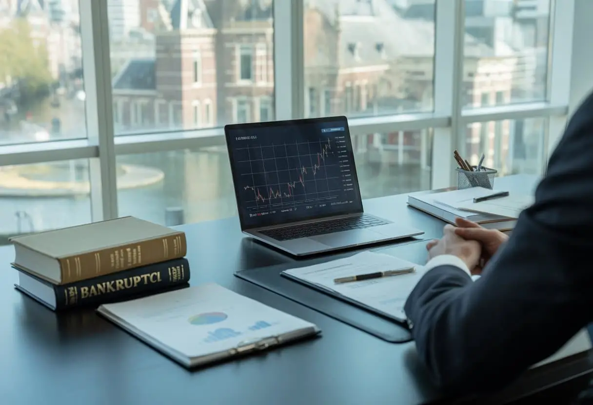 Een zakelijke professional zit aan een bureau met documenten en een laptop in een kantoor met uitzicht op een Nederlandse stad.