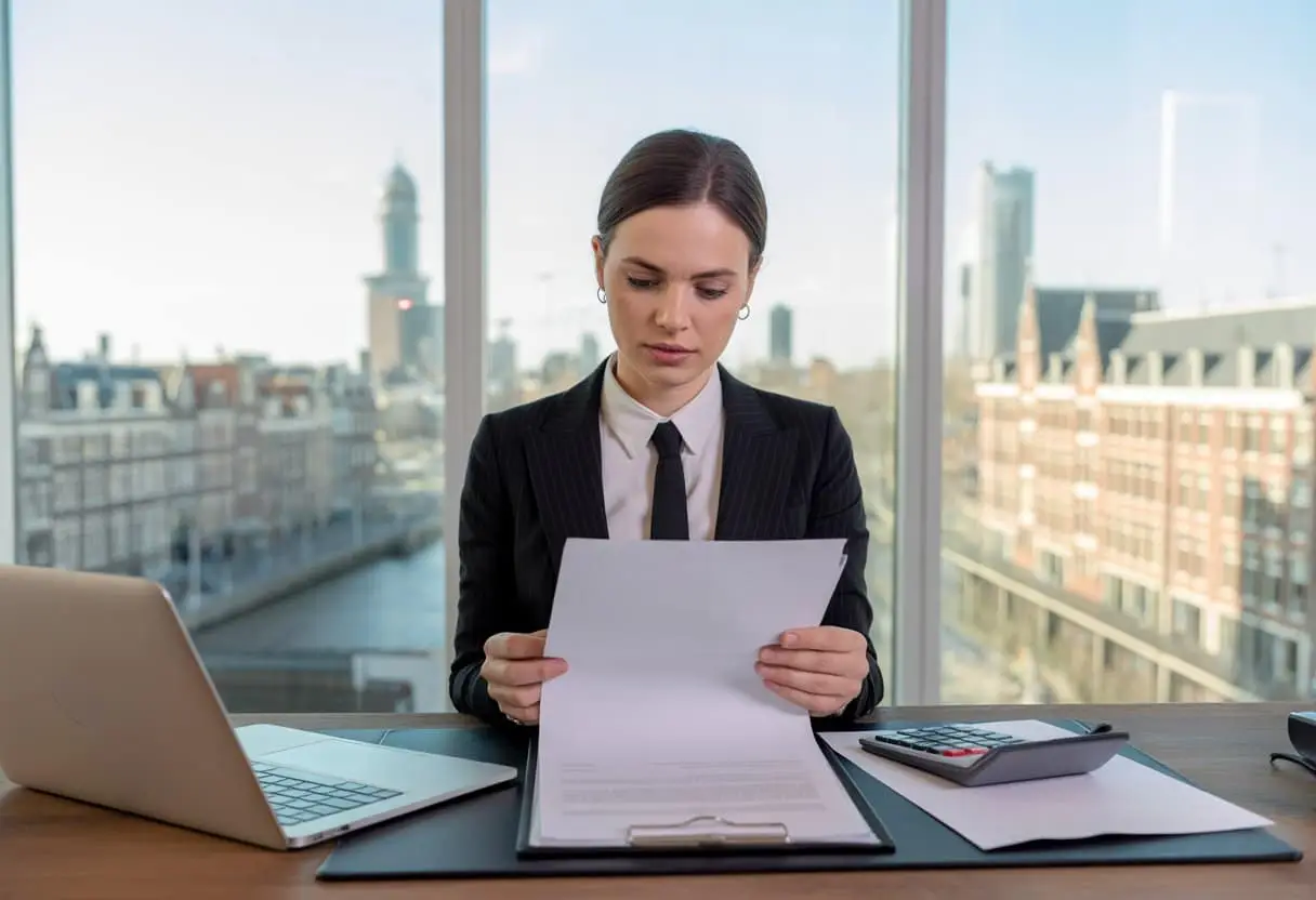 Een zakelijke professional die documenten bekijkt in een kantoor met uitzicht op Amsterdam.