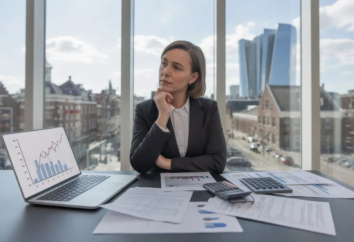 Een zakelijke professional zit aan een bureau met financiële documenten en een laptop, met op de achtergrond een stadssilhouet van Amsterdam.
