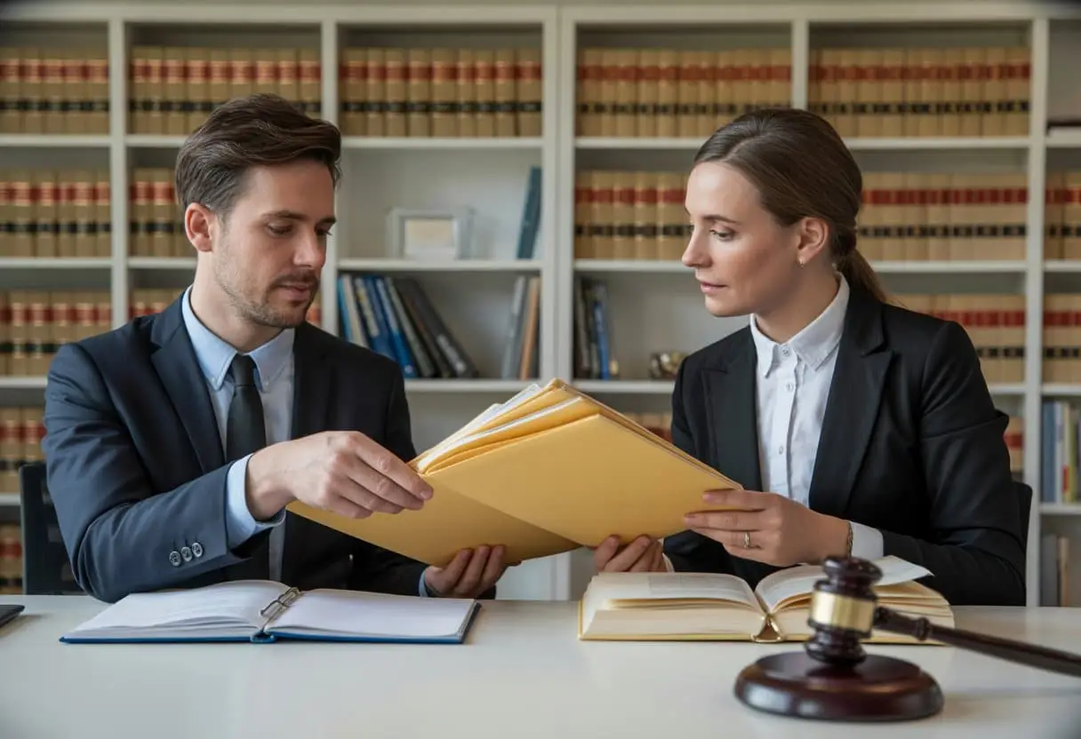 Voegen in het strafproces: hoe werkt het en waar moet u op letten? 2 Twee advocaten bespreken documenten in een rechtszaal of kantoor, met juridische boeken en een hamer op de achtergrond.