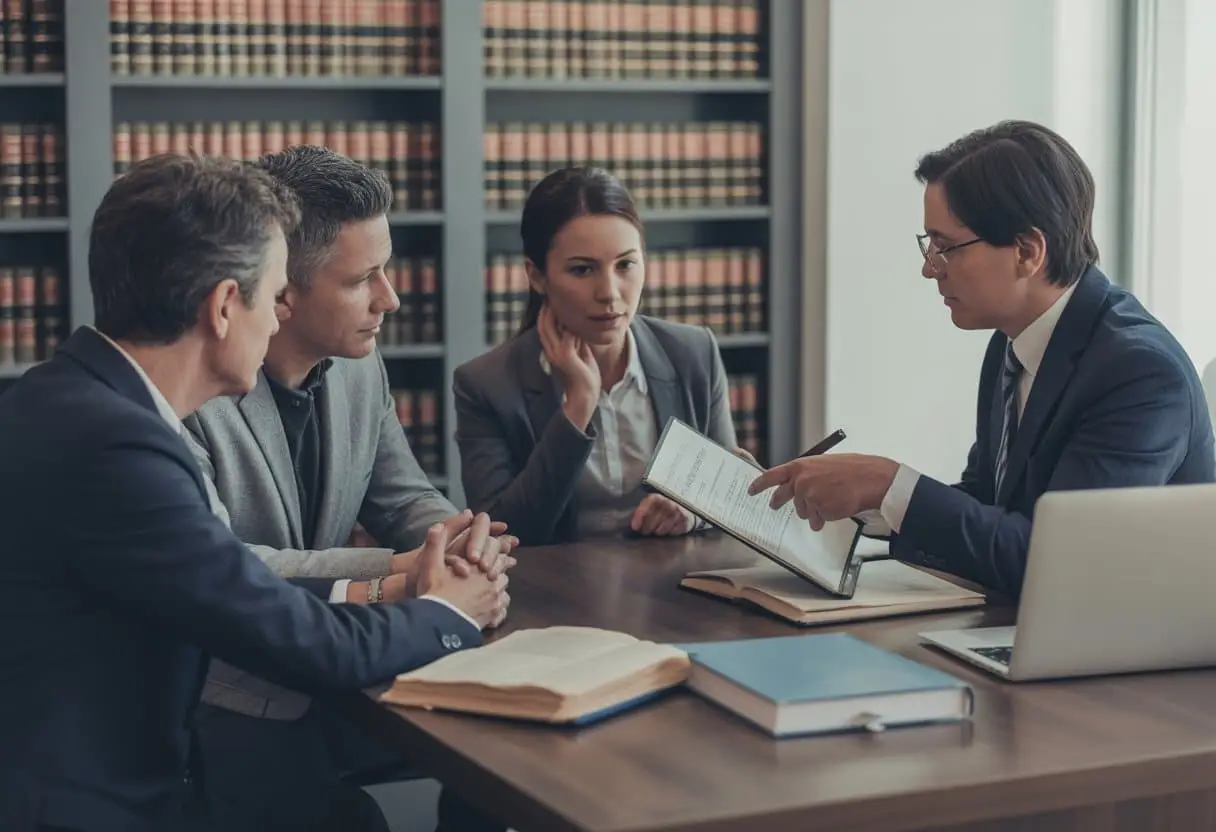Voegen in het strafproces: hoe werkt het en waar moet u op letten? 3 Drie volwassenen in een kantoor in gesprek met een advocaat over juridische documenten.