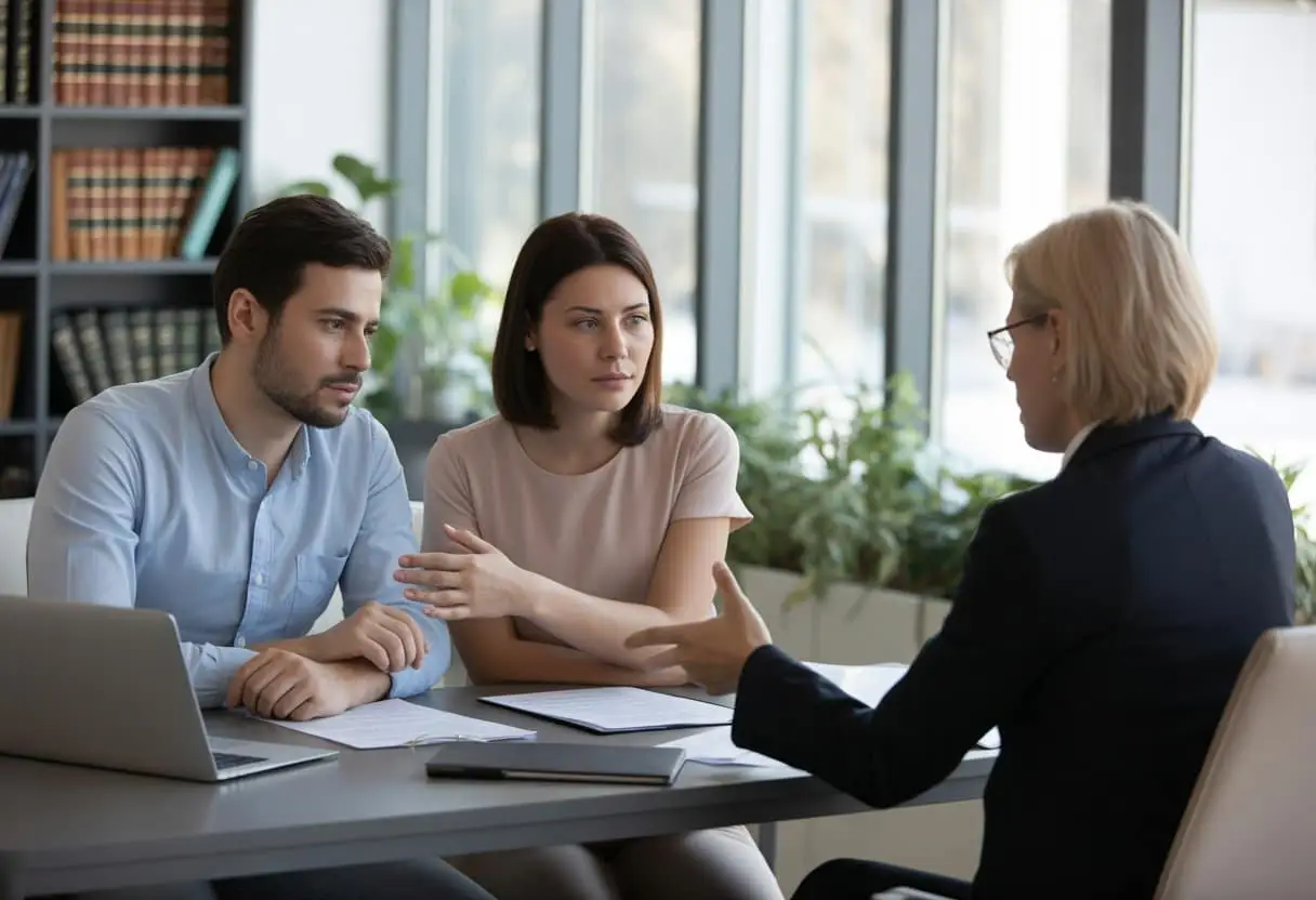 Een man en vrouw in gesprek met een juridisch adviseur in een kantoor, ze bespreken een samenlevingscontract.
