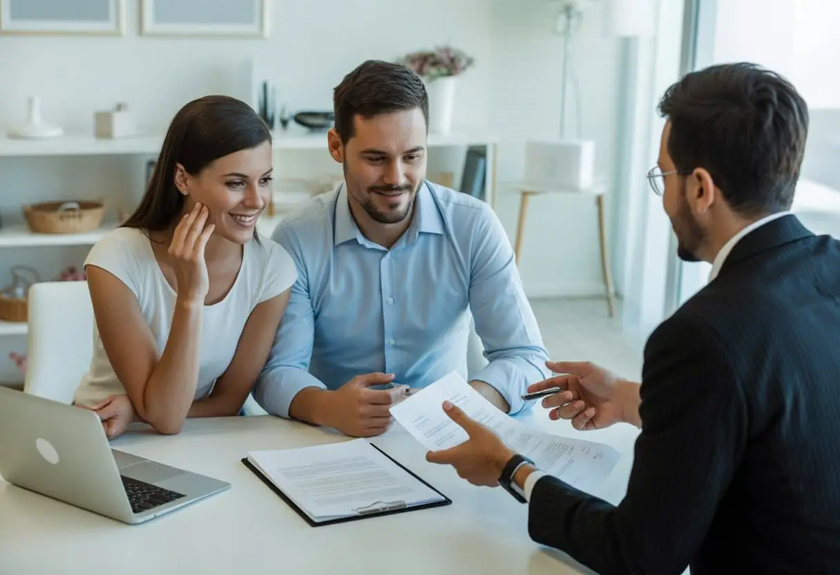 Een stel zit samen met een juridisch adviseur aan een bureau en bespreekt documenten over een samenlevingscontract.