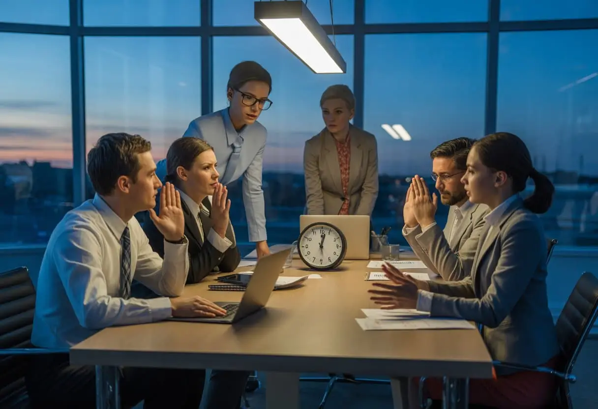 Kantoormedewerkers werken over in de avond terwijl de urenregistratie op tafel ligt.