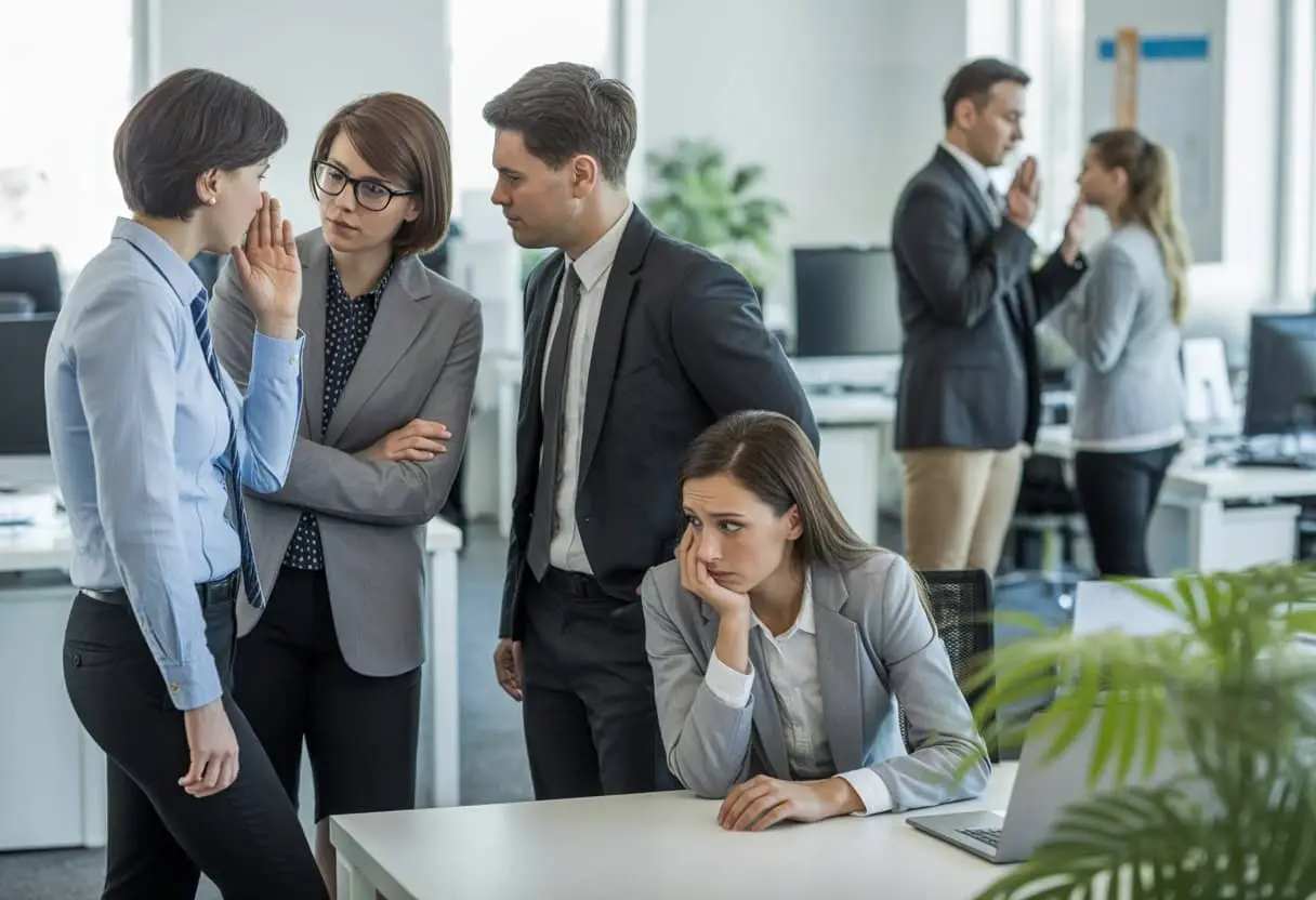 Een kantoorruimte met een groep collega’s die fluisteren en een collega die geïsoleerd alleen aan een bureau zit.