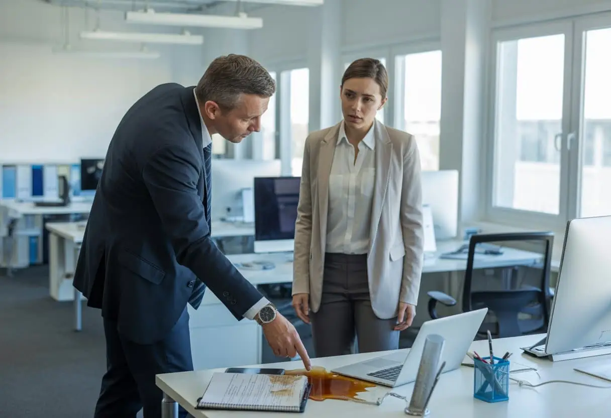 Twee collega's bespreken schade aan kantoorapparatuur tijdens een gesprek op de werkvloer.