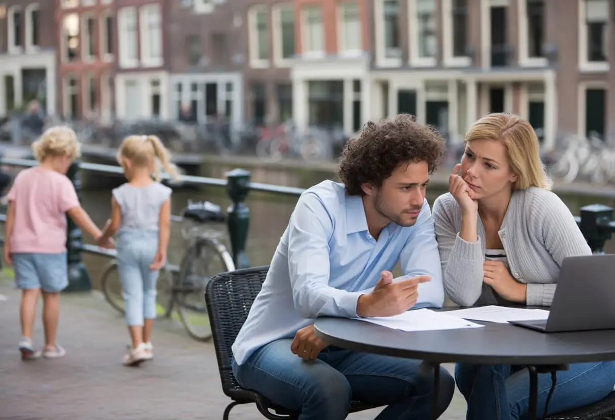 Scheiden als expat in Nederland: gevolgen voor verblijfsvergunning, kinderen en vermogen 1 Een expat stel zit buiten aan een tafel in de stad, met kinderen op de achtergrond en documenten op tafel.