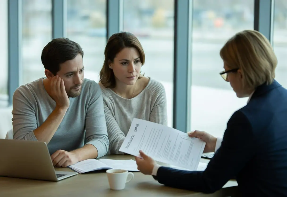Scheiden als expat in Nederland: gevolgen voor verblijfsvergunning, kinderen en vermogen 2 Een expat stel bespreekt met een adviseur in een kantoor de gevolgen van scheiden voor verblijfsvergunning, kinderen en vermogen.