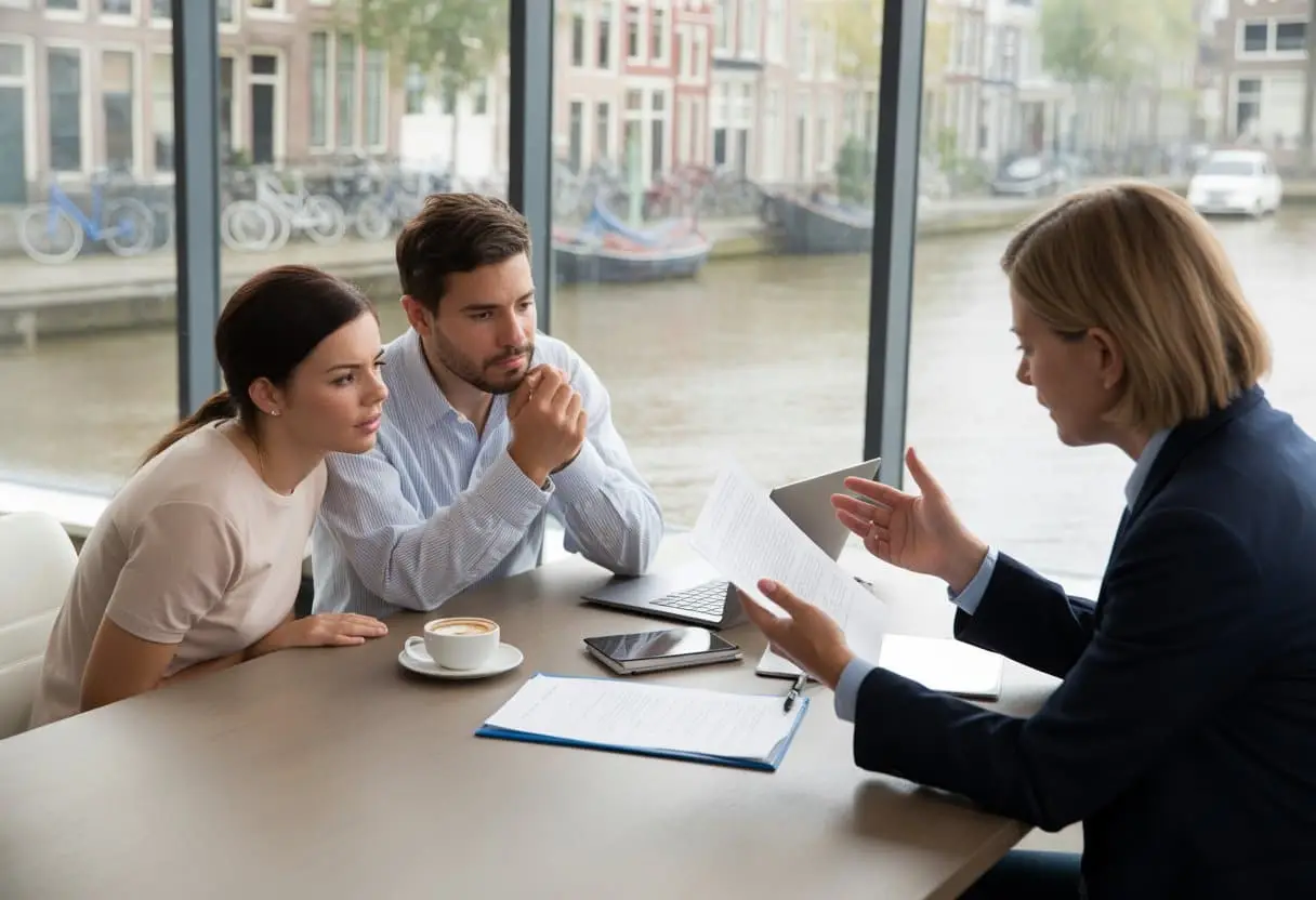 Scheiden als expat in Nederland: gevolgen voor verblijfsvergunning, kinderen en vermogen 3 Een expatkoppel bespreekt hun verblijfsvergunning en familiezaken met een adviseur in een kantoor met uitzicht op een Nederlandse stad.