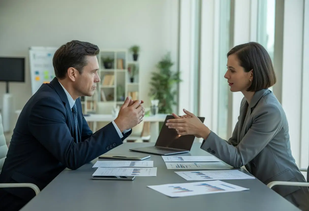 Een man en een vrouw zitten aan een tafel in een kantoor en bespreken documenten over de verdeling van een bedrijf en aandelen bij een scheiding.