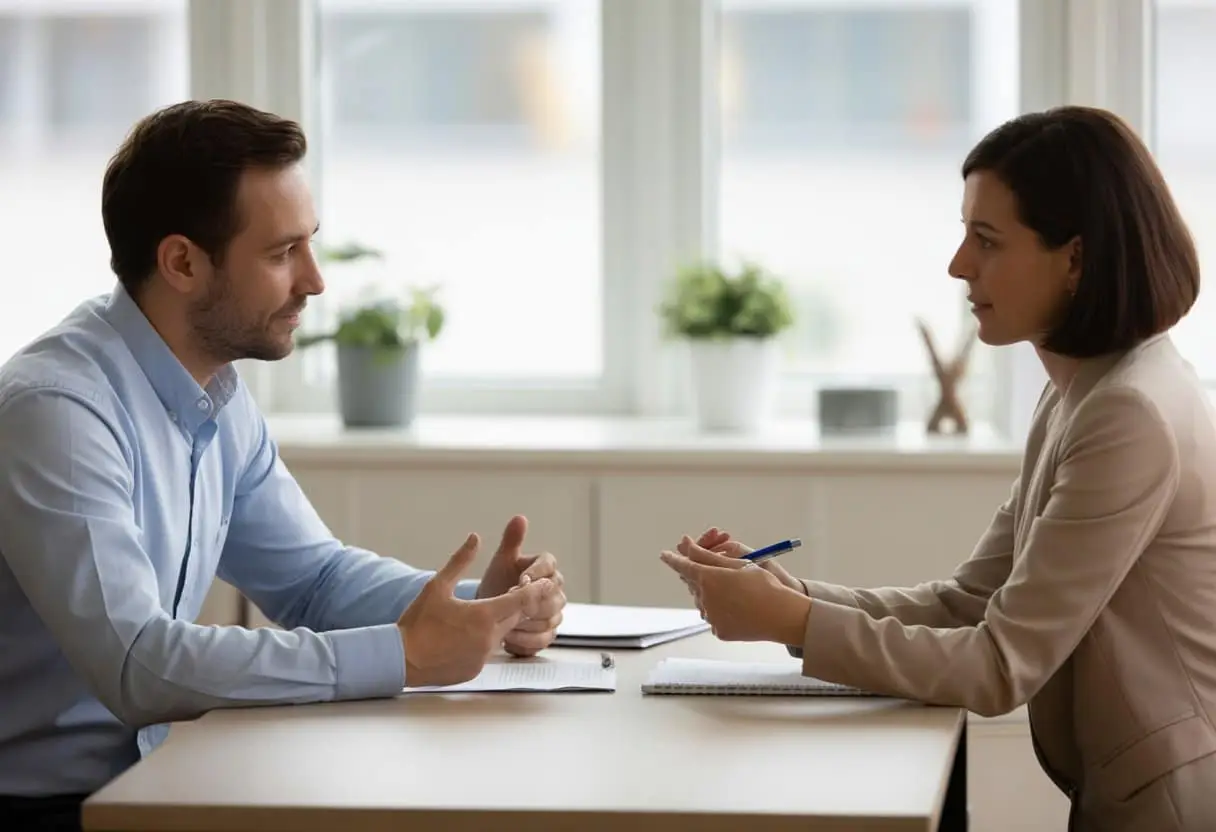 Twee ouders en een bemiddelaar bespreken rustig een ouderschapsplan aan een tafel in een lichte kantoorruimte.
