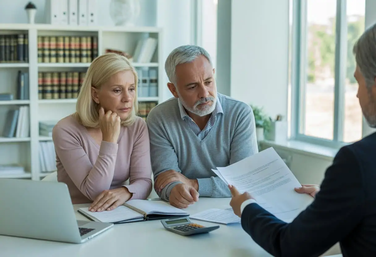 Scheiden op latere leeftijd: juridische en financiële valkuilen uitgelegd 2 Een oudere man en vrouw zitten samen aan een bureau met een adviseur, ze bespreken documenten in een kantooromgeving.