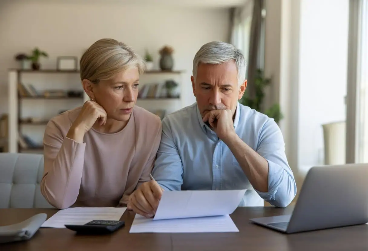 Scheiden op latere leeftijd: juridische en financiële valkuilen uitgelegd 3 Een ouder stel zit aan een tafel met juridische documenten en financiële papieren, ze bespreken serieus hun situatie.