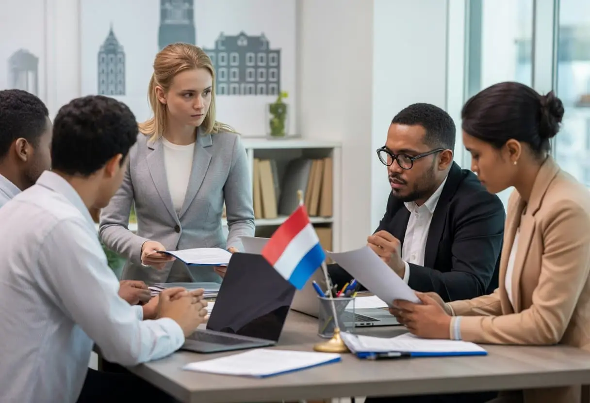 Een diverse groep mensen in een kantoor bespreekt documenten over werkvergunningen en arbeidsovereenkomsten.