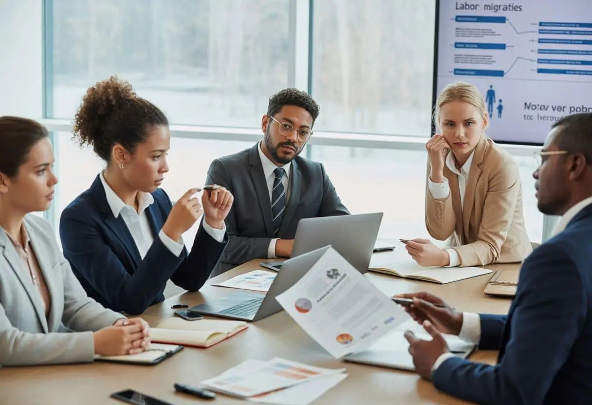 Een diverse groep zakelijke professionals bespreekt arbeidscontracten en vergunningen in een moderne kantooromgeving.