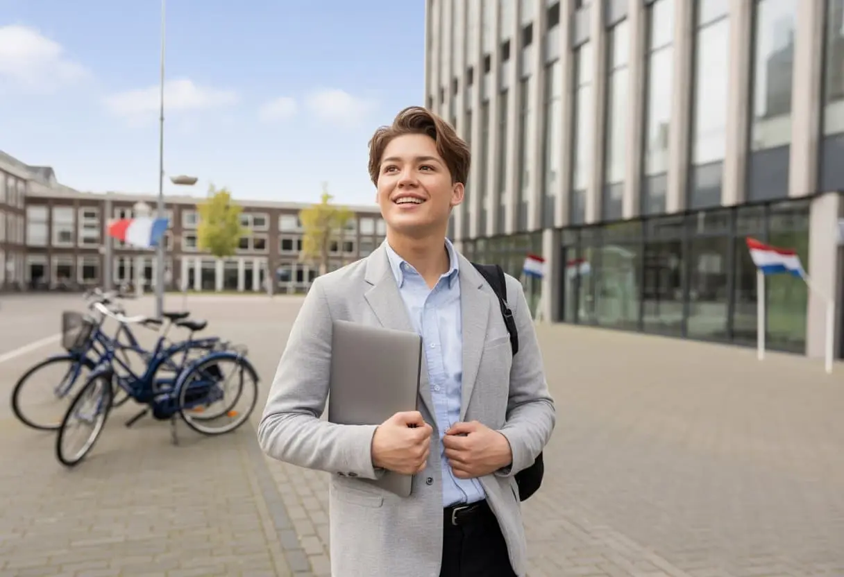 Na studie of werk in Nederland blijven? Zo voorkomt u een gat in uw verblijfsrecht 1 Een jonge internationale student of professional staat buiten bij een modern gebouw in Nederland, met een laptop of documenten in de hand en een optimistische blik.