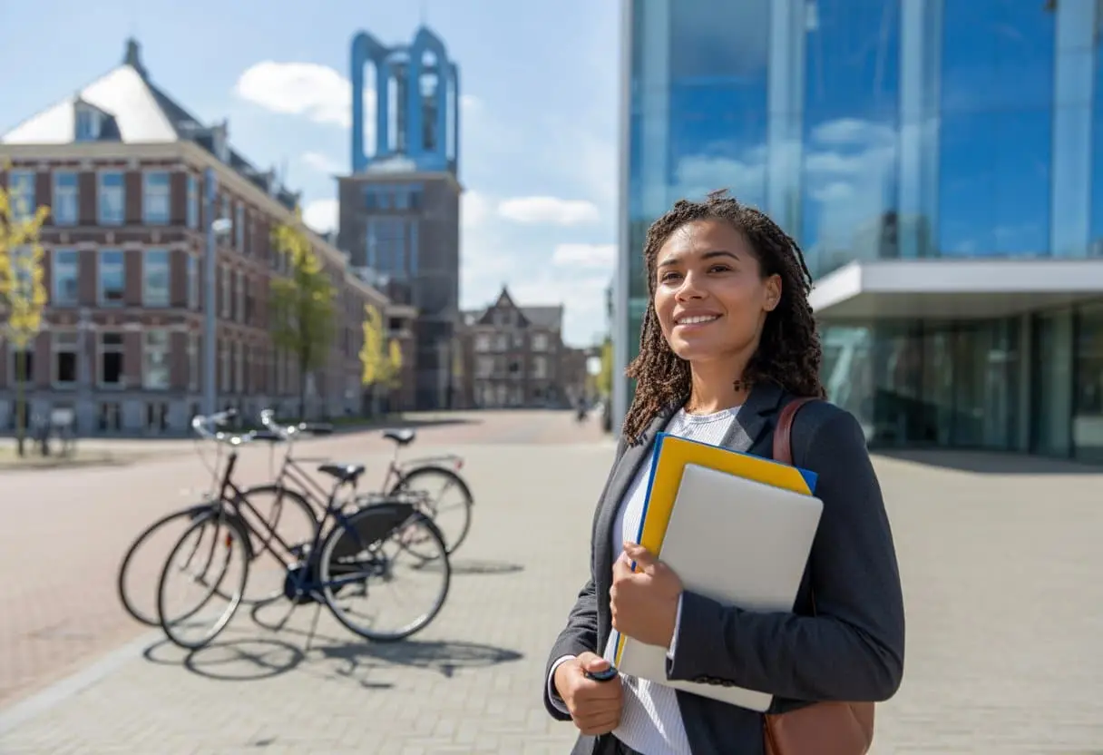 Na studie of werk in Nederland blijven? Zo voorkomt u een gat in uw verblijfsrecht 2 Een jonge internationale student of professional staat buiten een modern gebouw in Nederland met documenten in de hand, kijkend naar de camera.