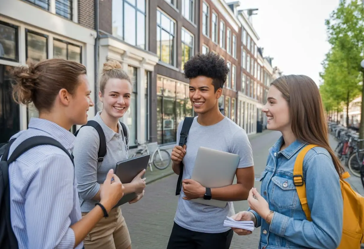 Na studie of werk in Nederland blijven? Zo voorkomt u een gat in uw verblijfsrecht 3 Een diverse groep jonge mensen praat samen buiten bij moderne gebouwen in Nederland, met fietsen en een straat op de achtergrond.