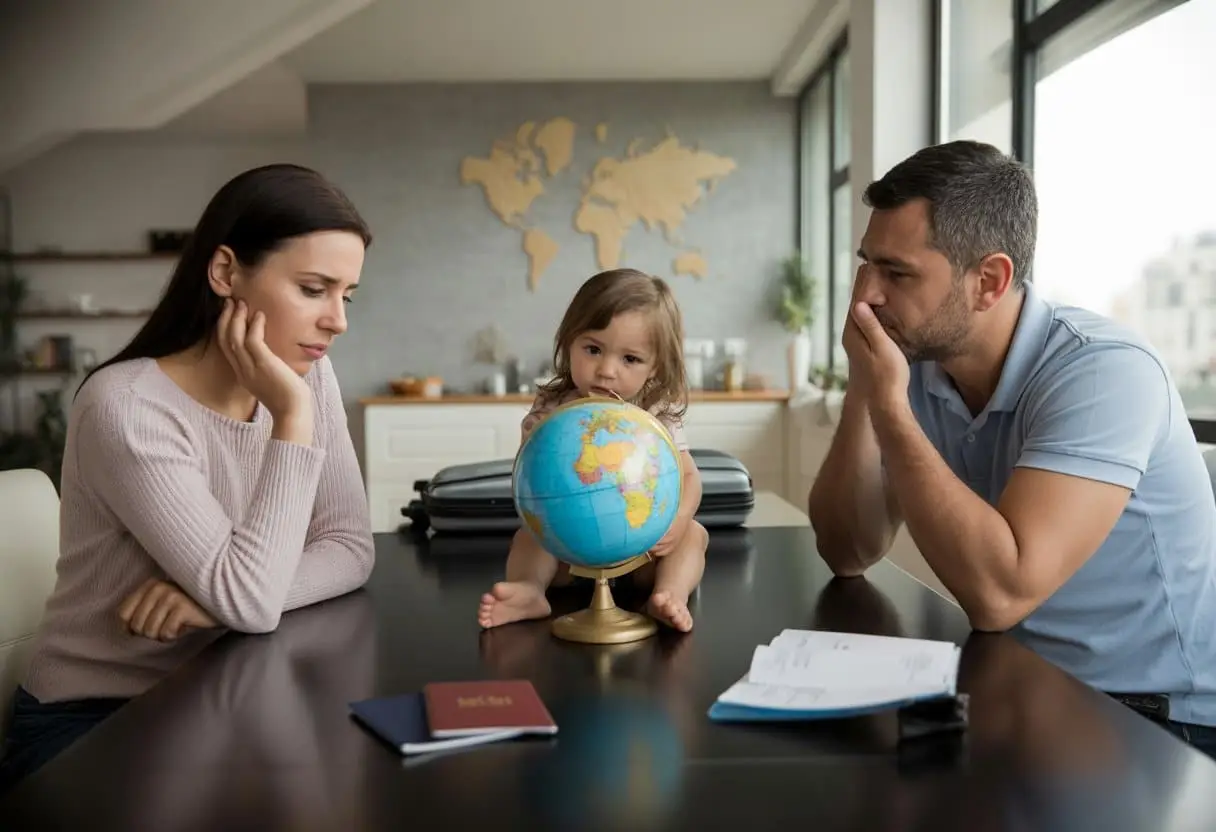 Een moeder, vader en kind zitten aan een tafel met paspoorten en een globe, in een huiselijke omgeving die internationale echtscheiding met kinderen uitbeeldt.