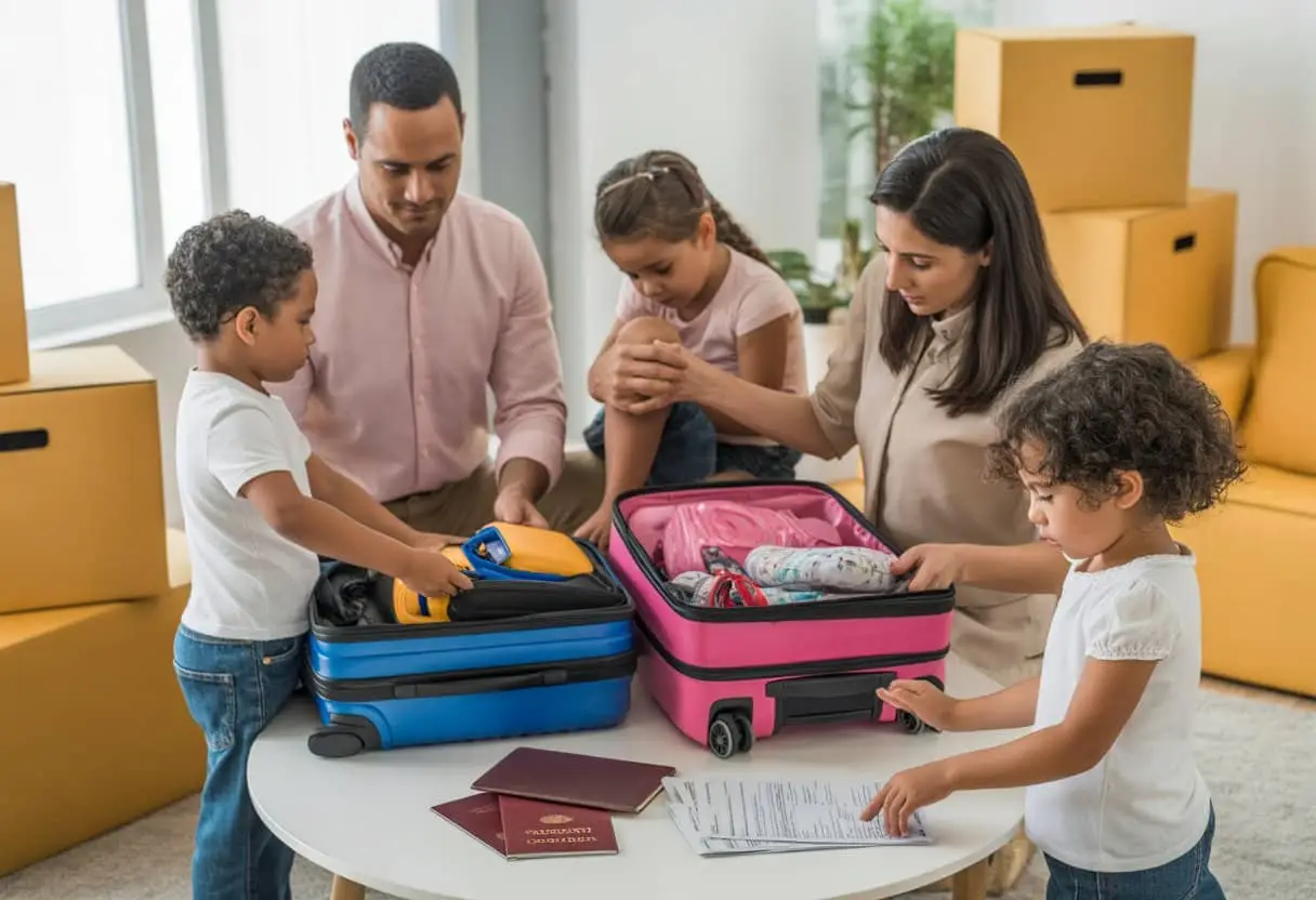 Een gezin met kinderen is bezig met koffers inpakken en belangrijke documenten op tafel leggen in een woonkamer met verhuisdozen.
