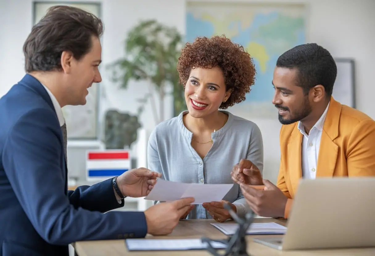 Naturalisatie of verblijfsvergunning voor onbepaalde tijd: uw beste keuze helder uitgelegd 3 Een diverse groep mensen in een kantoor die een gesprek voert over immigratie en naturalisatie.