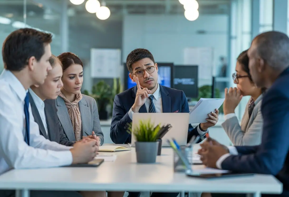 Een groep diverse kantoormedewerkers zit rond een vergadertafel en luistert aandachtig naar een adviseur die uitleg geeft over grensoverschrijdend gedrag op de werkvloer.