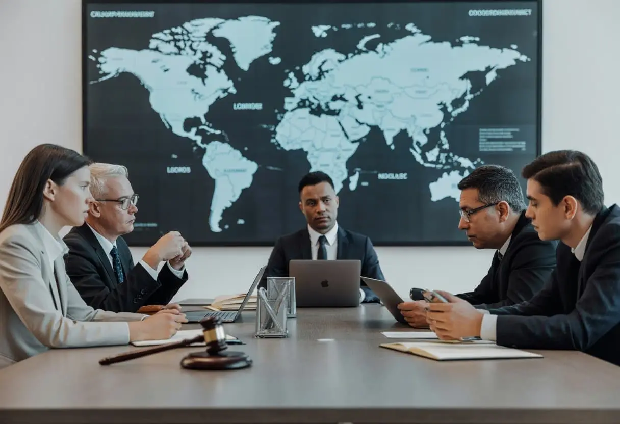 Een groep professionals bespreekt juridische documenten in een moderne vergaderruimte met een wereldkaart op de achtergrond.