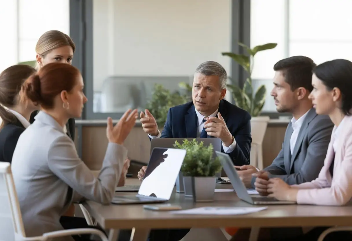 Discriminatie op de werkvloer: welke boetes riskeert een werkgever? 1 Een diverse groep werknemers bespreekt serieus een onderwerp in een moderne kantoorruimte, waarbij een werkgever aandachtig luistert naar een jonge werknemer.
