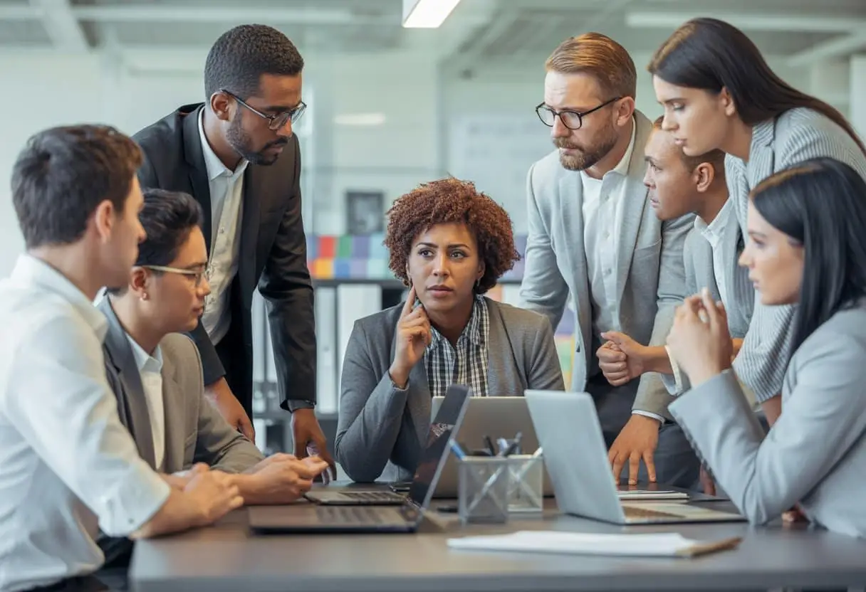 Discriminatie op de werkvloer: welke boetes riskeert een werkgever? 2 Een diverse groep werknemers in een kantoor die serieus en aandachtig met elkaar in gesprek zijn aan een vergadertafel.
