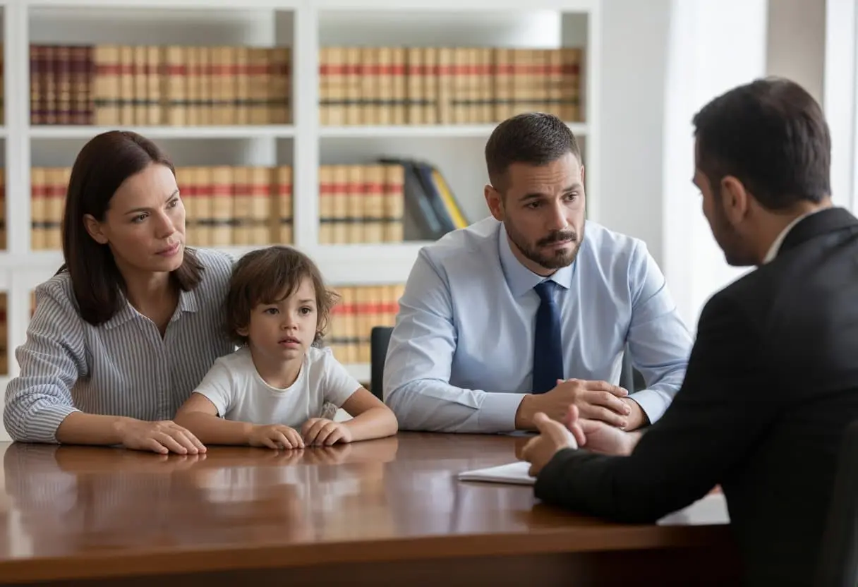 Een gezin zit tegenover een rechter in een kantoor, met een kind en twee ouders die bezorgd kijken.