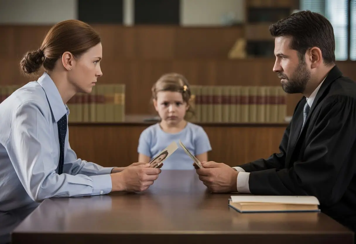 Een rechter in een rechtszaal kijkt serieus naar twee gescheiden ouders die tegenover elkaar staan, terwijl een kind op de achtergrond verdrietig toekijkt.