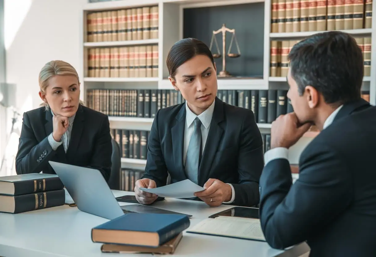 Seponeren, dagvaarden of schikken: keuzes van het Openbaar Ministerie uitgelegd 2 Drie juridische professionals in een kantoor bespreken documenten en maken besluiten over strafrechtelijke zaken.