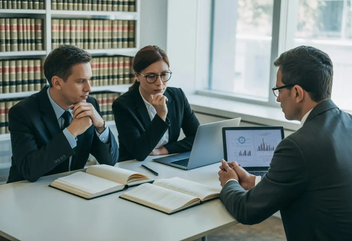 Seponeren, dagvaarden of schikken: keuzes van het Openbaar Ministerie uitgelegd 3 Drie professionals in een kantoor bespreken juridische documenten aan een tafel.