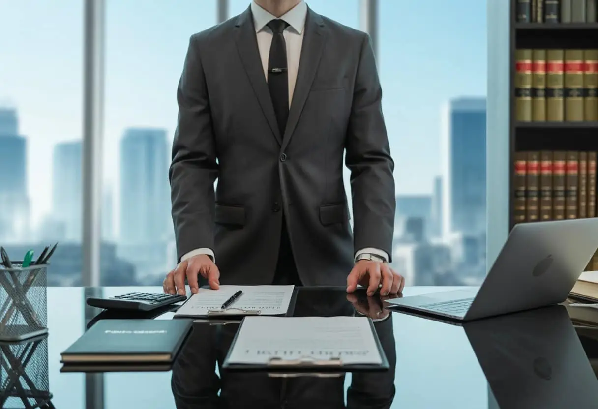 Aansprakelijkheid van de besloten vennootschap: hoe zit het eigenlijk? Alles wat je moet weten 1 Een zakelijke professional in een modern kantoor met documenten en een laptop, die nadenkt over aansprakelijkheid van een besloten vennootschap.