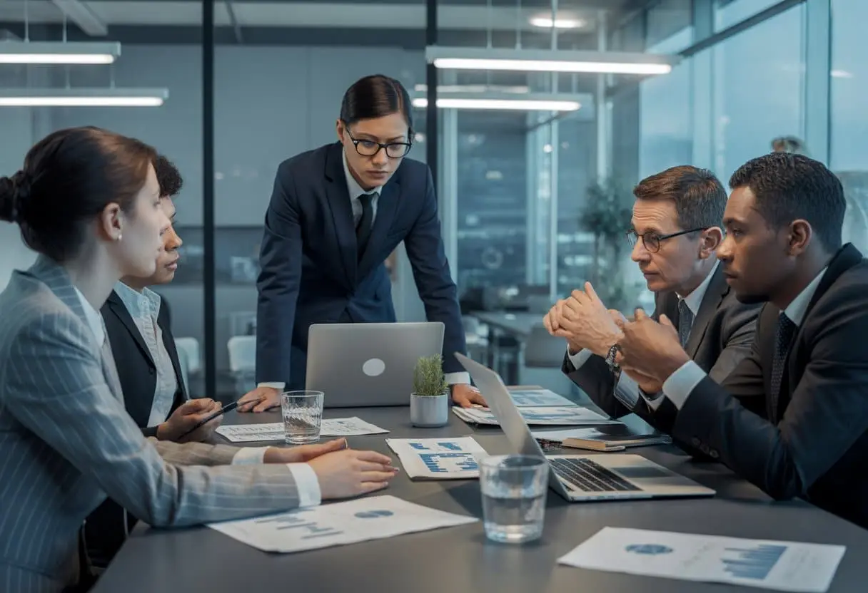 Aansprakelijkheid van de besloten vennootschap: hoe zit het eigenlijk? Alles wat je moet weten 3 Een groep zakelijke professionals bespreekt documenten en financiële grafieken in een moderne kantoorruimte.