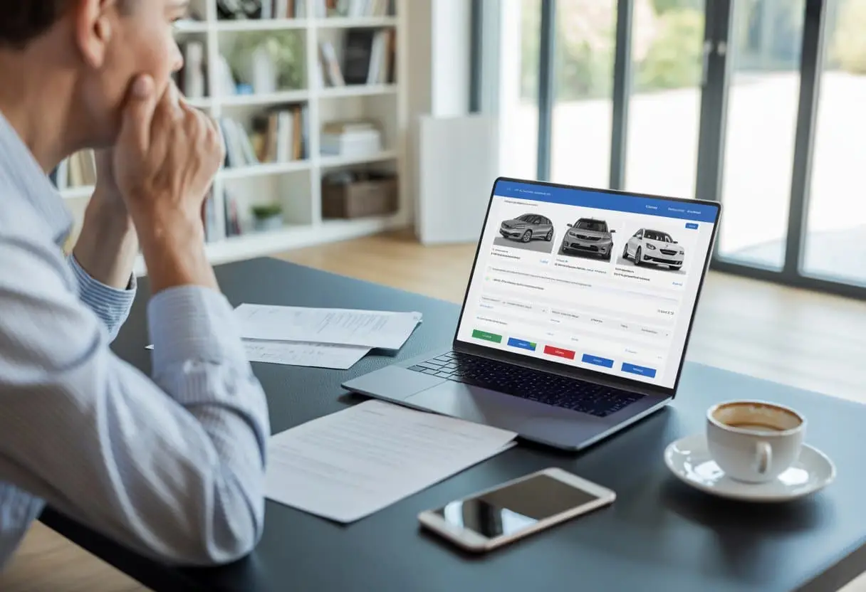 Een bezorgde persoon zit aan een bureau thuis en kijkt naar een laptop met een online autowinkel, omringd door papieren en een smartphone.