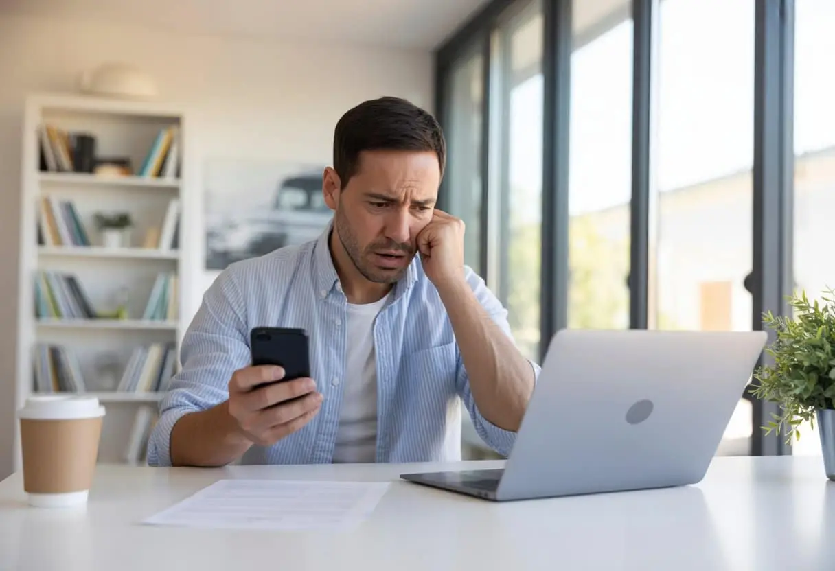 Een bezorgde man zit aan een bureau thuis, kijkt naar zijn laptop en houdt een smartphone vast, bezig met een probleem over een niet geleverde online autobestelling.