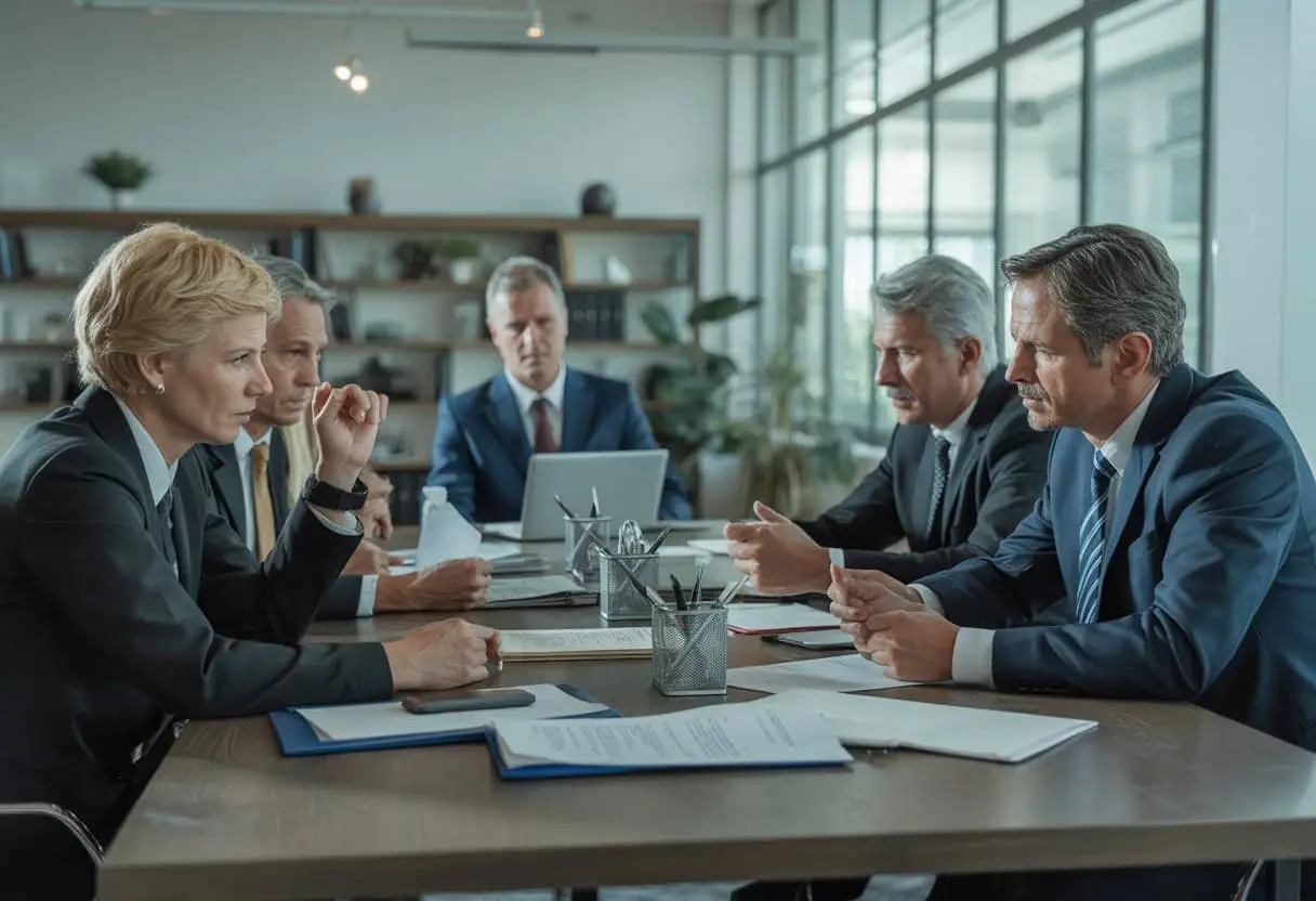 Familieleden in een zakelijke vergadering rond een tafel, in gesprek over een conflict binnen het familiebedrijf.