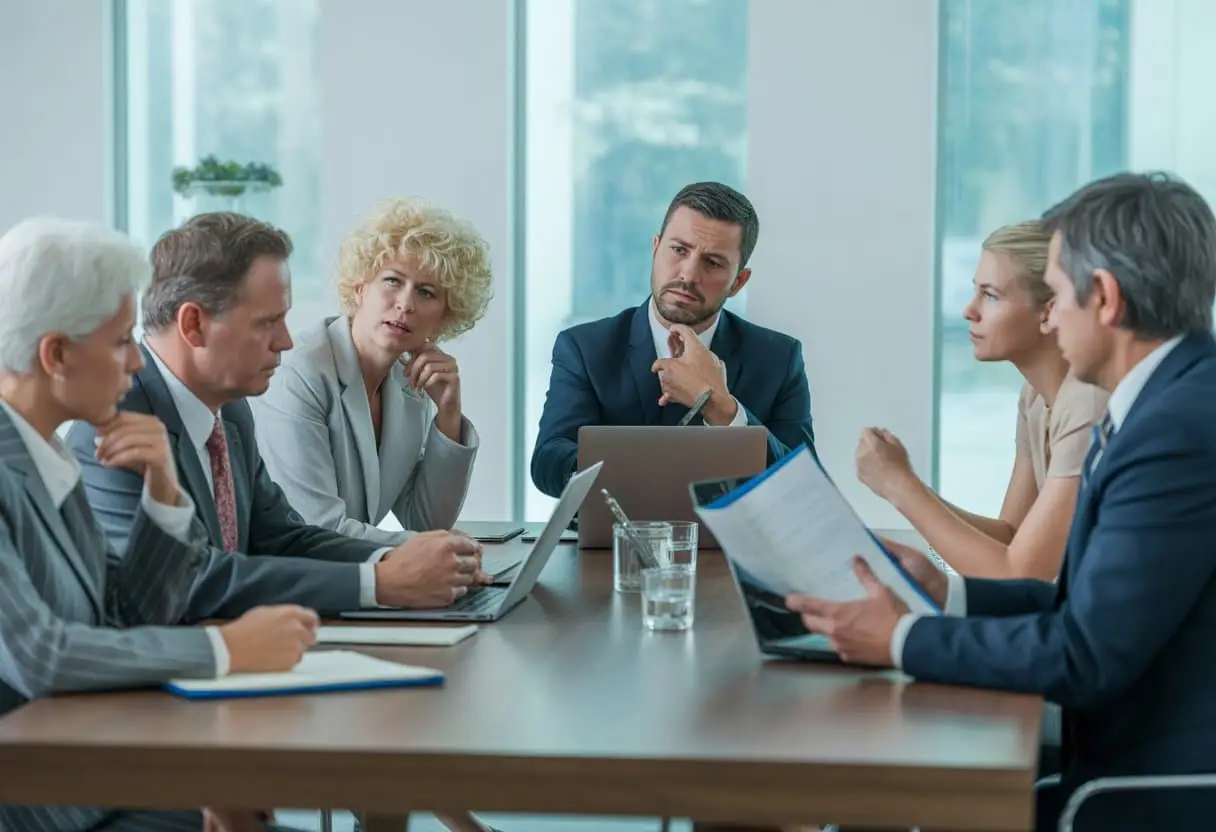 Een groep familieleden en aandeelhouders zit gespannen rond een vergadertafel in een kantoor, in gesprek over een conflict.