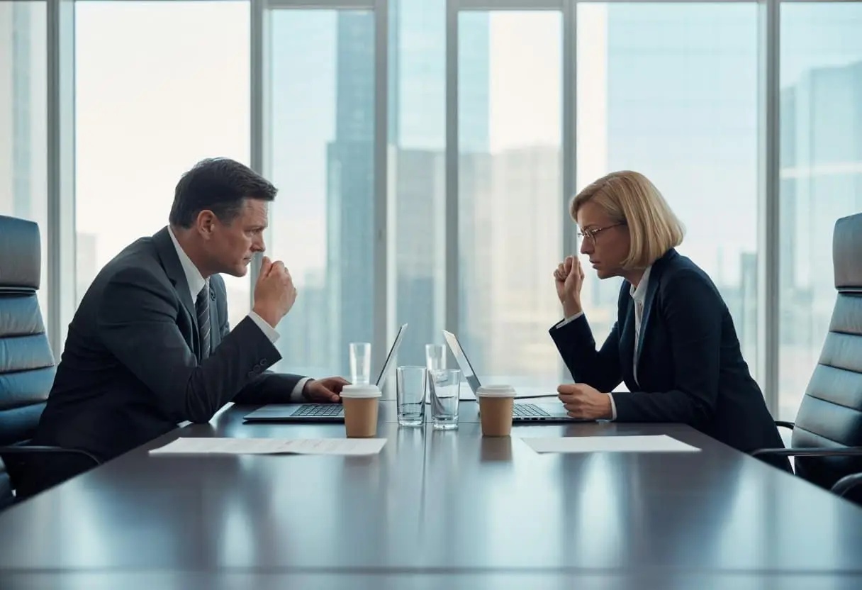 Twee zakelijke partners zitten gespannen tegenover elkaar aan een vergadertafel in een modern kantoor.