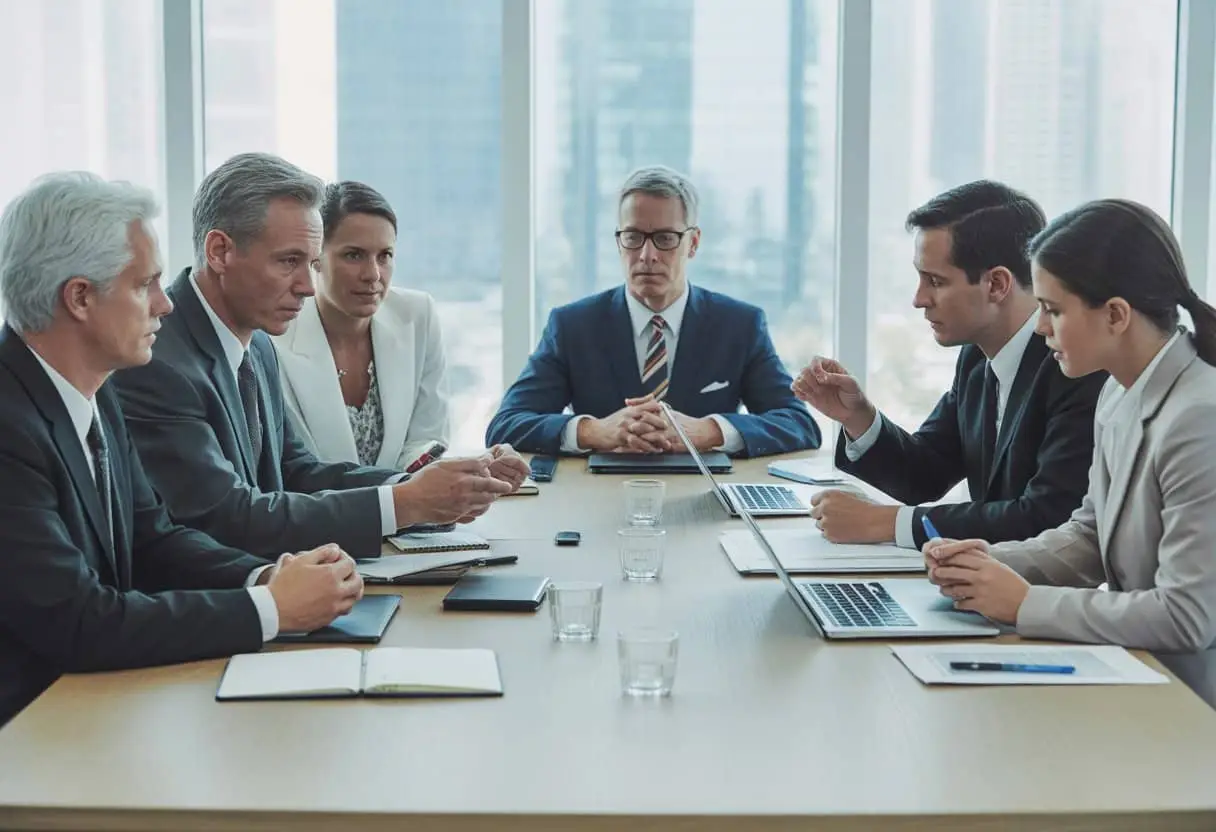 Een groep familieleden en aandeelhouders zit aan een vergadertafel in een kantoor en bespreekt serieus documenten.