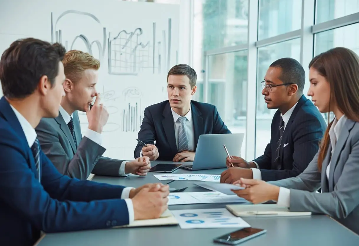 Zakelijke vergadering met diverse professionals die financiële documenten en grafieken bespreken in een moderne kantooromgeving.