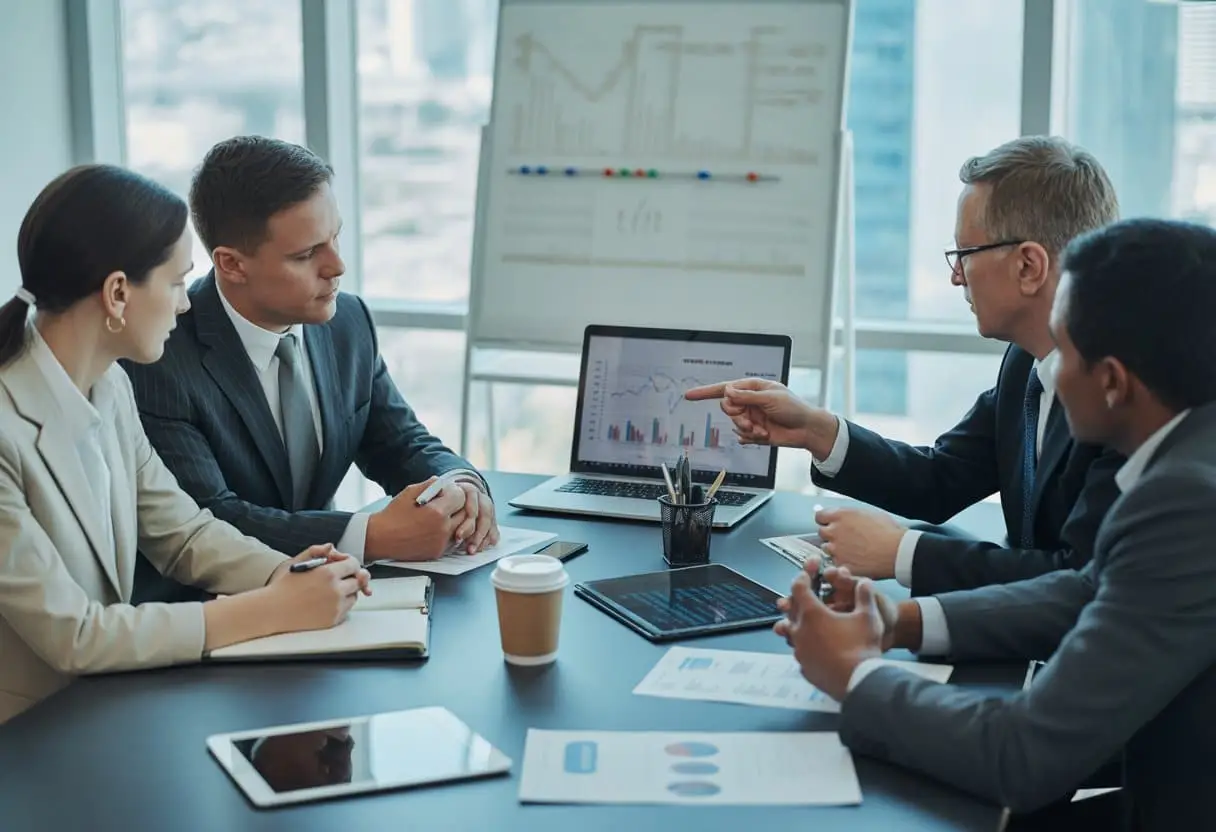 Een groep zakelijke professionals zit rond een vergadertafel en bespreekt financiële documenten en grafieken in een kantoor.