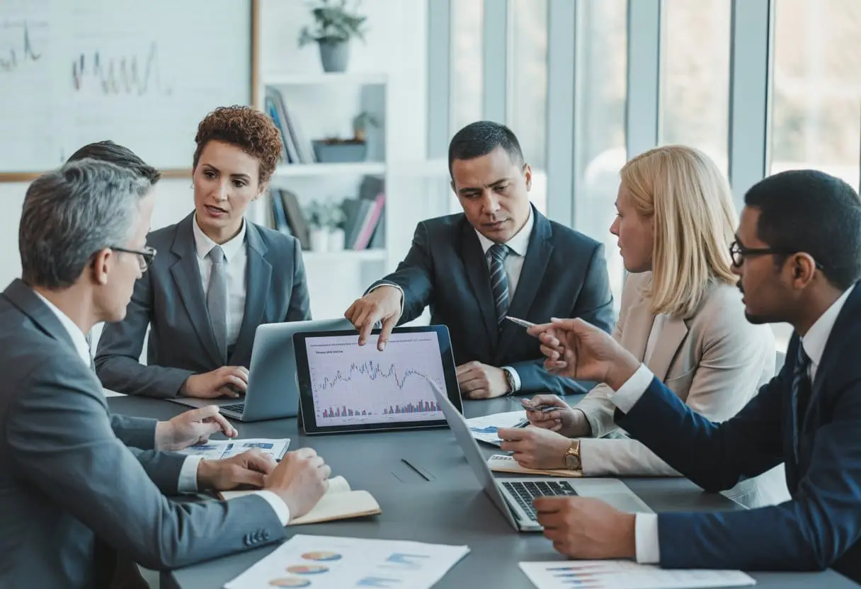 Een groep zakelijke professionals zit samen rond een tafel in een kantoor en bespreekt documenten en grafieken tijdens een vergadering.