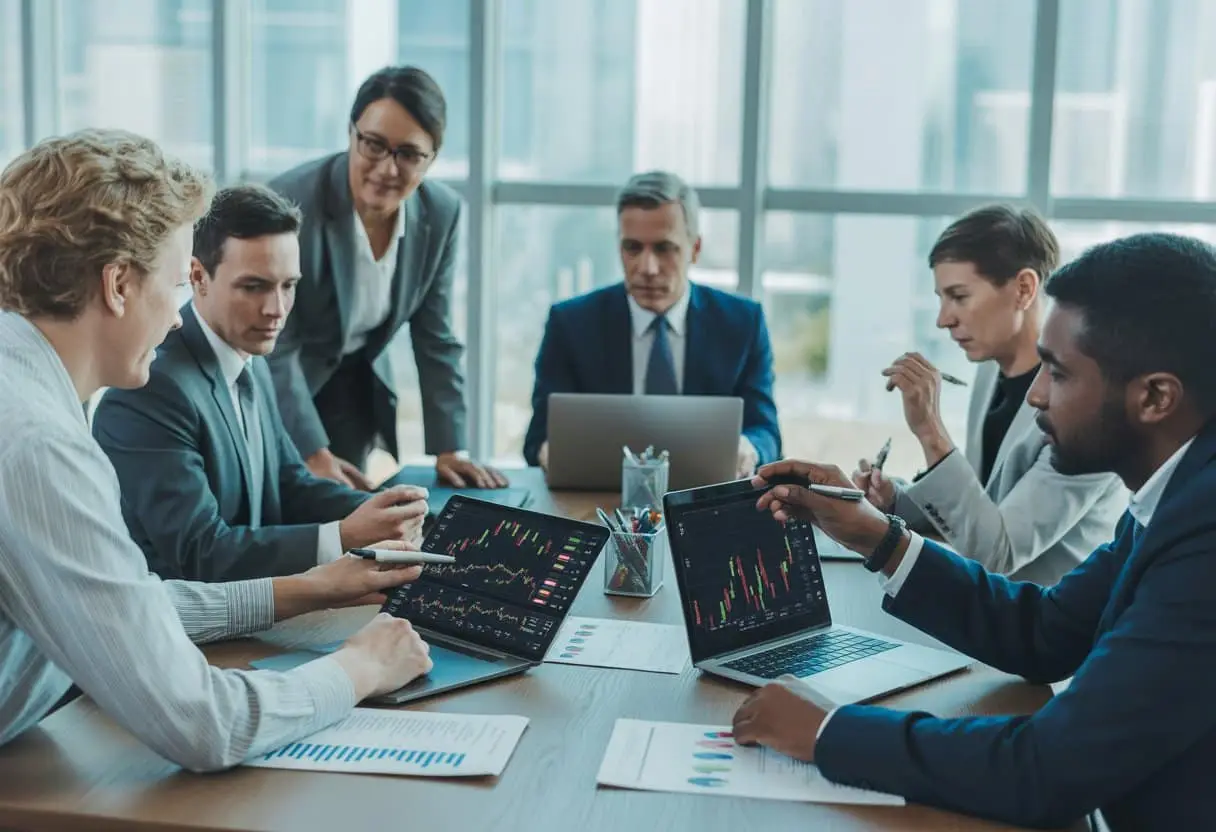Een groep medewerkers en managers bespreekt samen in een kantoor rond een tafel met documenten en laptops over aandelen en opties.