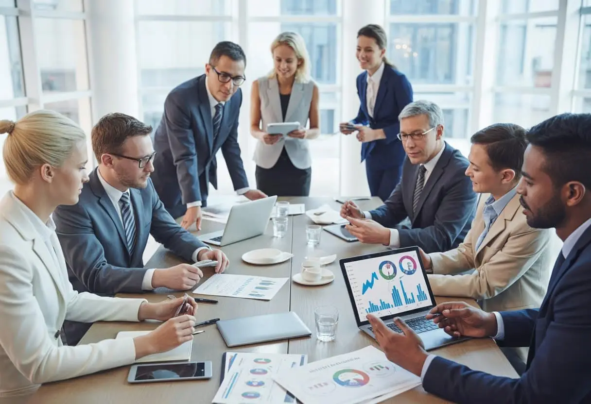 Een groep zakelijke professionals zit samen aan een vergadertafel in een modern kantoor, bezig met een overleg over aandelen en opties.