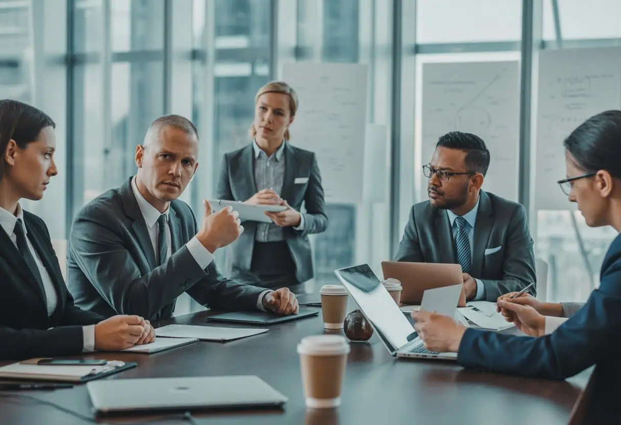Stemovereenkomsten buiten de statuten om: toegestaan of risicovol? 2 Een zakelijke vergadering met professionals die rond een tafel zitten en een serieus gesprek voeren in een modern kantoor.